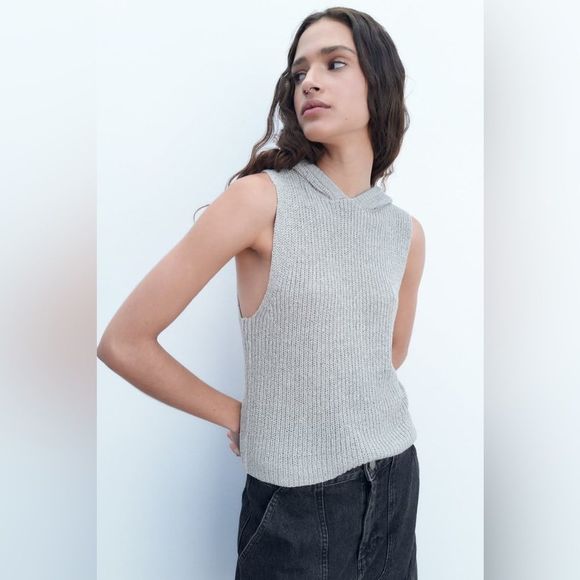 Zara Sweaters - ZARA Hooded Knit Top Grey Sleeveless sweater with hood size Medium